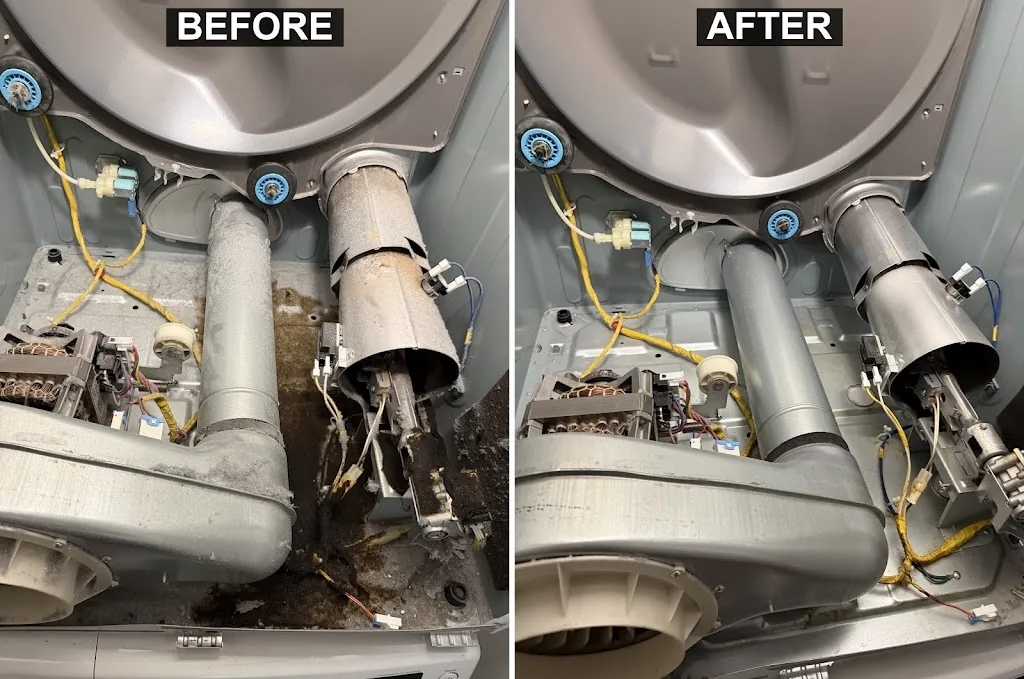 Dryer interior before and after professional lint cleaning — A&Y Appliances Los Angeles